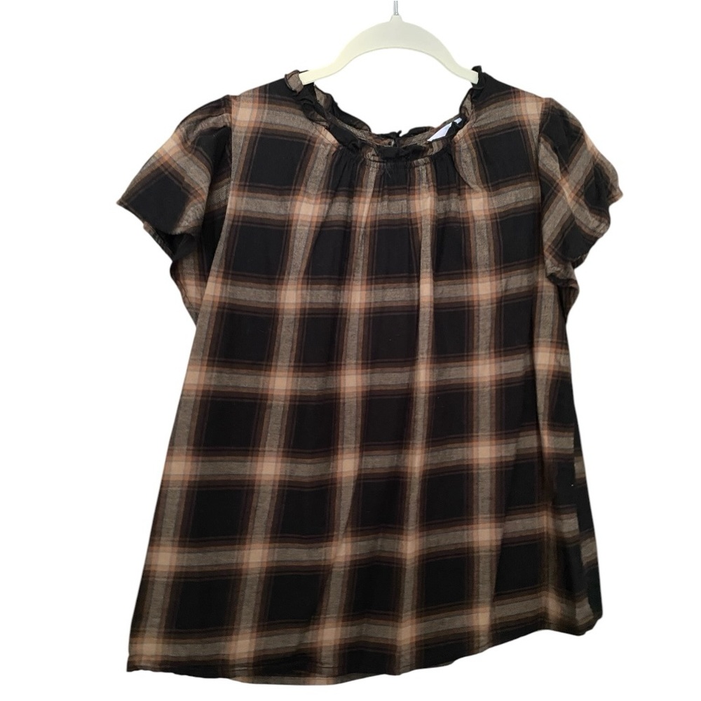 Black & Tan Checked Plaid Shirt with Ruffle Collar & Puff Sleeves, Women's Size